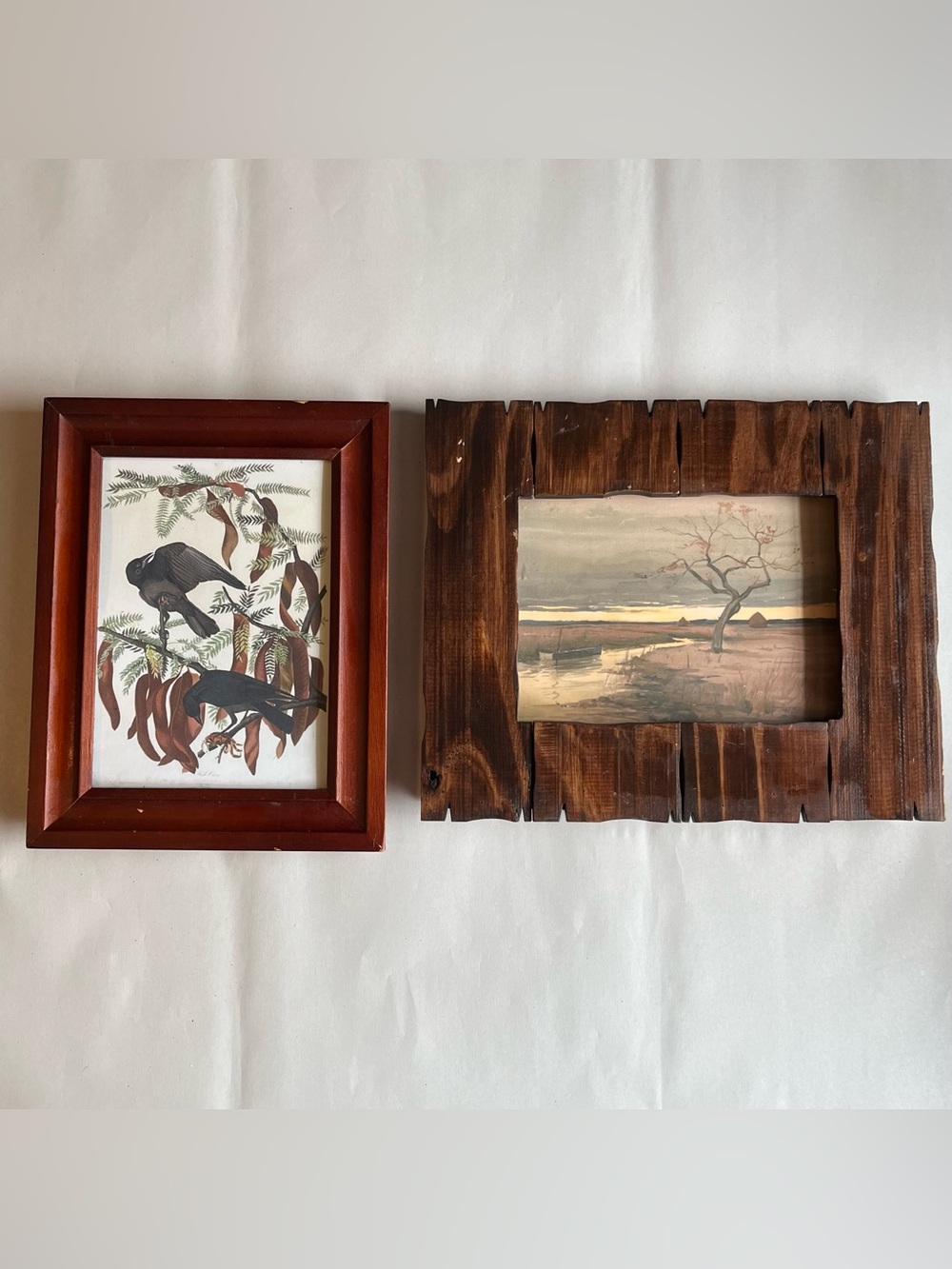 Vintage Wood Picture Photo Frames w/ Fine Art Prints-Set of 2